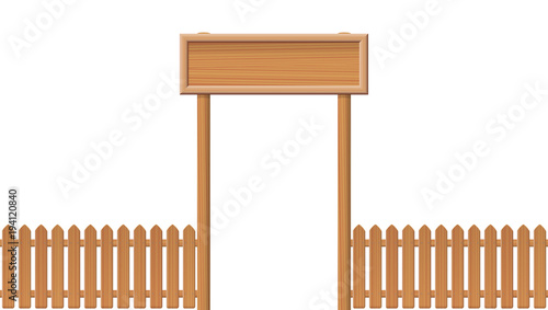 Entrance gate with blank sign and wooden fence - isolated vector illustration on white background.