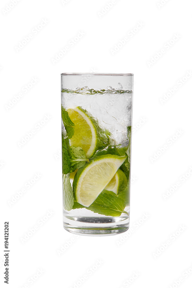 Summer drink with lime and mint, ice on isolated white background. Direct perspective, cool, refreshing Summer drink with lime and mint, ice on isolated white background. Direct perspective, cool, refreshing