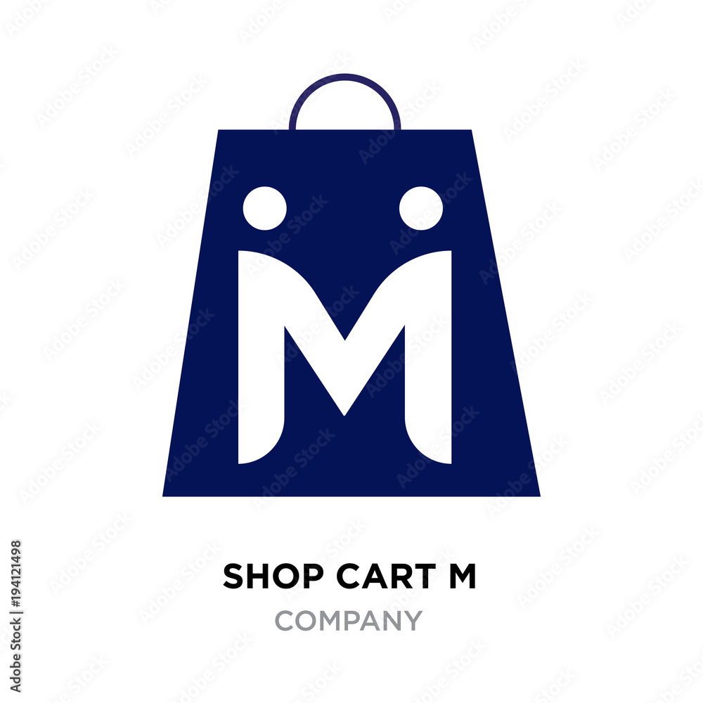 shop cart m letter logo, blue shopping bag icon