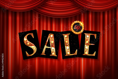 Shining sale on red curtain.