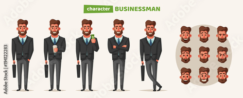 Successful, happy businessman in a suit with umbrella. Cartoon vector illustration