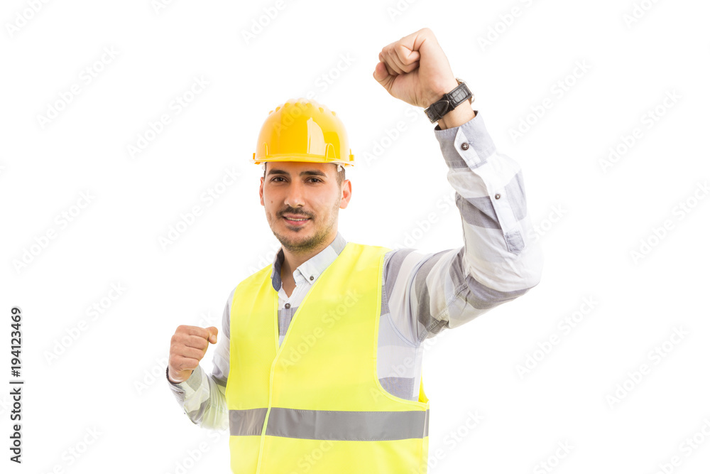 Successful engineer architect or builder acting happy and cheerful.