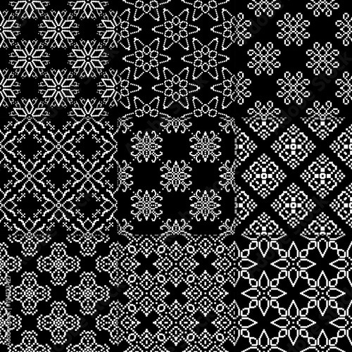 Black and white floral ornaments. Collection of seamless patterns