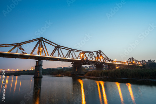 Long Bien bridge in Hanoi, Vietnam at twilight