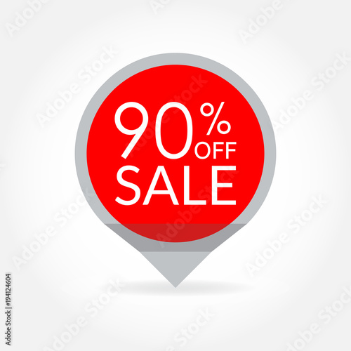 Sale and discount pointer or sticker. 90 percent price off tag icon. Vector illustration.