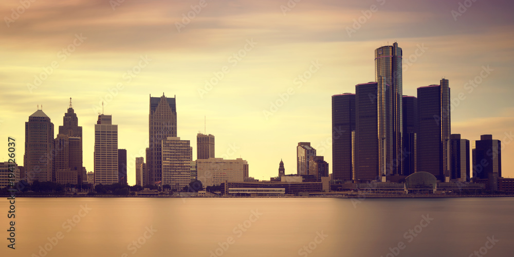 Beautiful skyline of Detroit City, the view from Windsor, Ontario, Canada. 