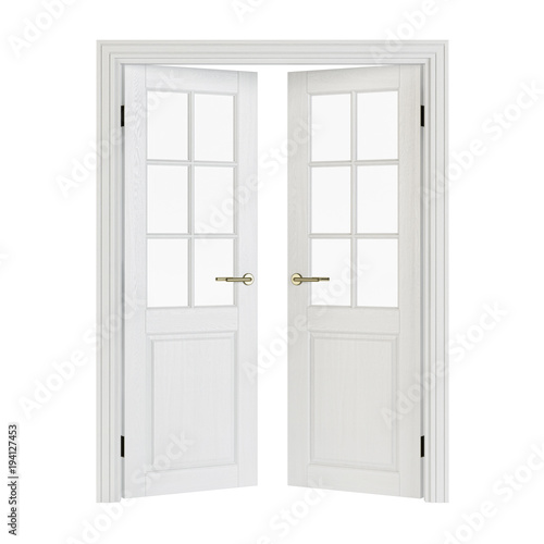 Double-leaf doors with glass. Interior doors isolated on white background. 3D rendering.