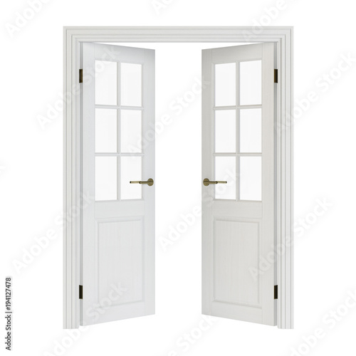 Double-leaf doors with glass. Interior doors isolated on white background. 3D rendering.