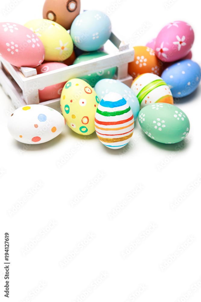 Colorful easter eggs over white background. Empty space for ypur text