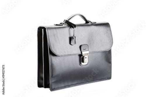 black leather elegant briefcase for documents, on white background