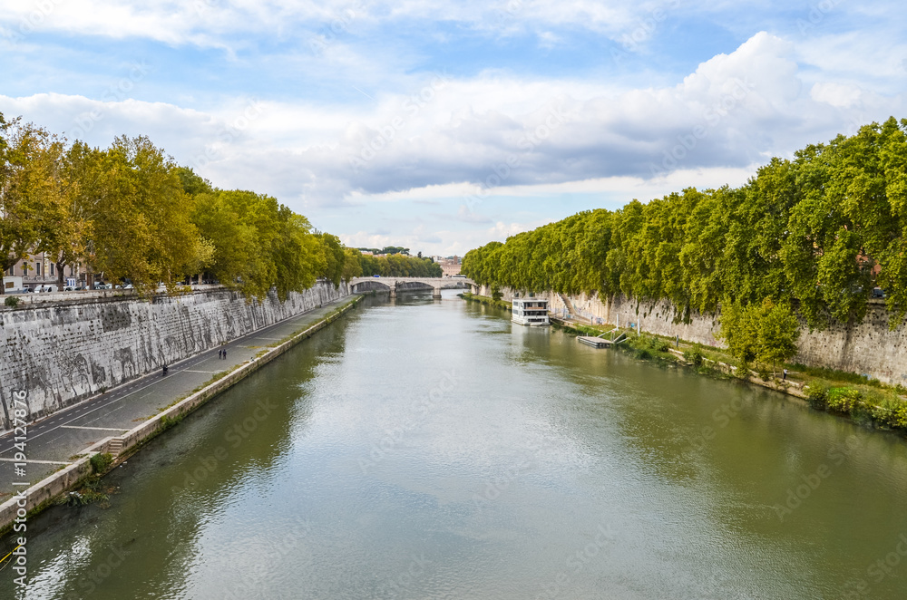 View of Tiber river from bridge in Rome View of Tiber river from bridge in Rome
