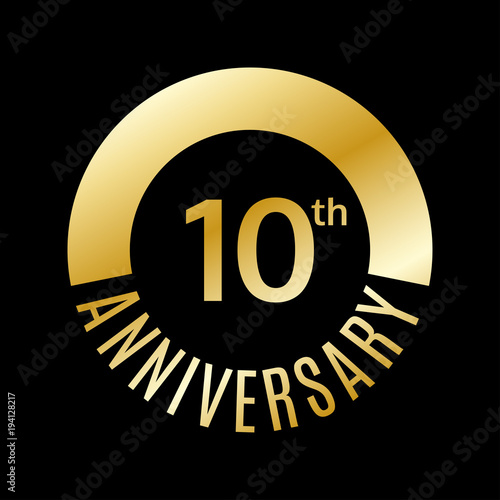 10 years anniversary icon. 10th celebrating and birthday golden logo. Vector illustration.