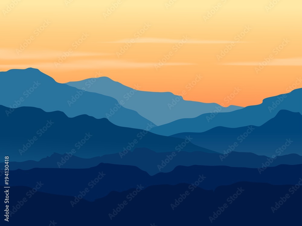 Vector landscape with blue silhouettes of mountains and hills with beautiful orange evening sky. Huge mountain range silhouettes in twilight. Vector hand drawn illustration.