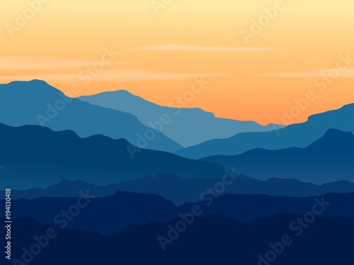 Vector landscape with blue silhouettes of mountains and hills with beautiful orange evening sky. Huge mountain range silhouettes in twilight. Vector hand drawn illustration.