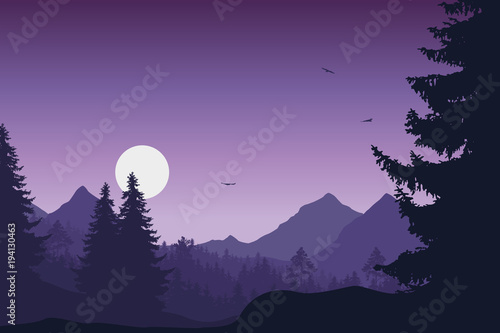 Mountain landscape with forest, under a purple sky with flying birds © Forgem