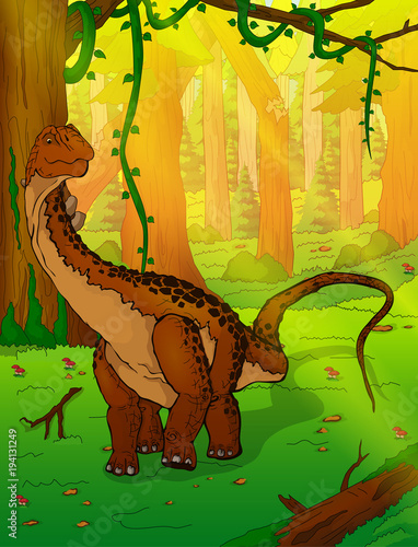 Diplodocus on the background of forest