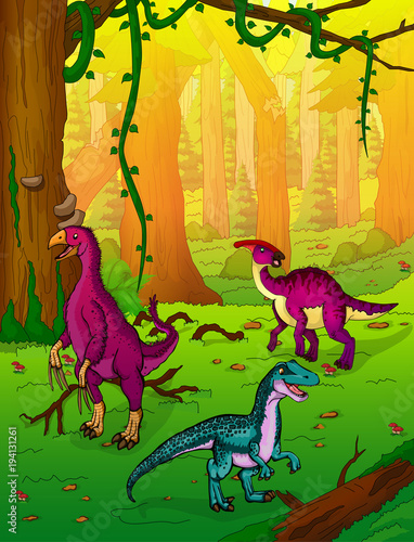 Dinosaurs on the background of forest photo