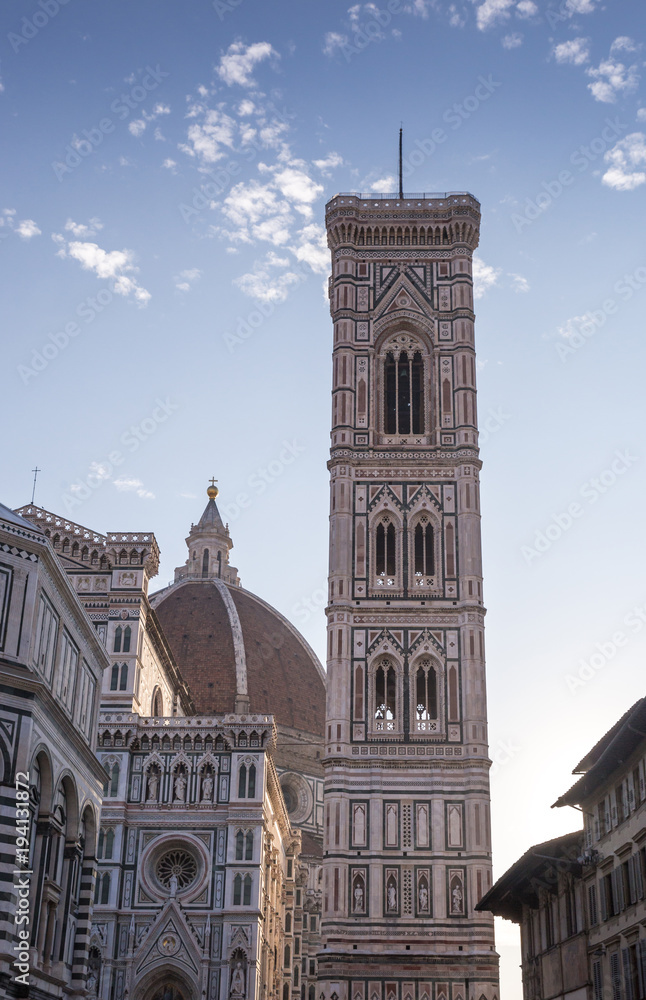 Tower and Dome of Cathedral of Saint Mary of Flower in Florence, Italy, Europe