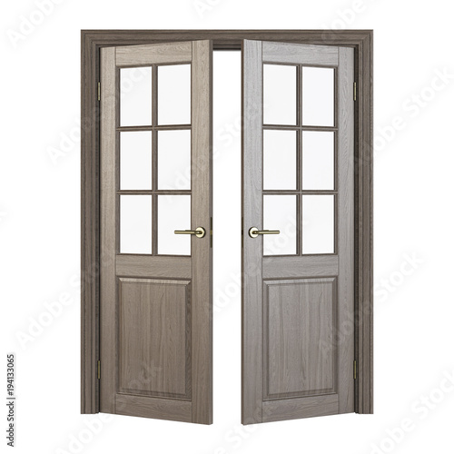 Double-leaf doors with glass. Interior doors isolated on white background. 3D rendering.