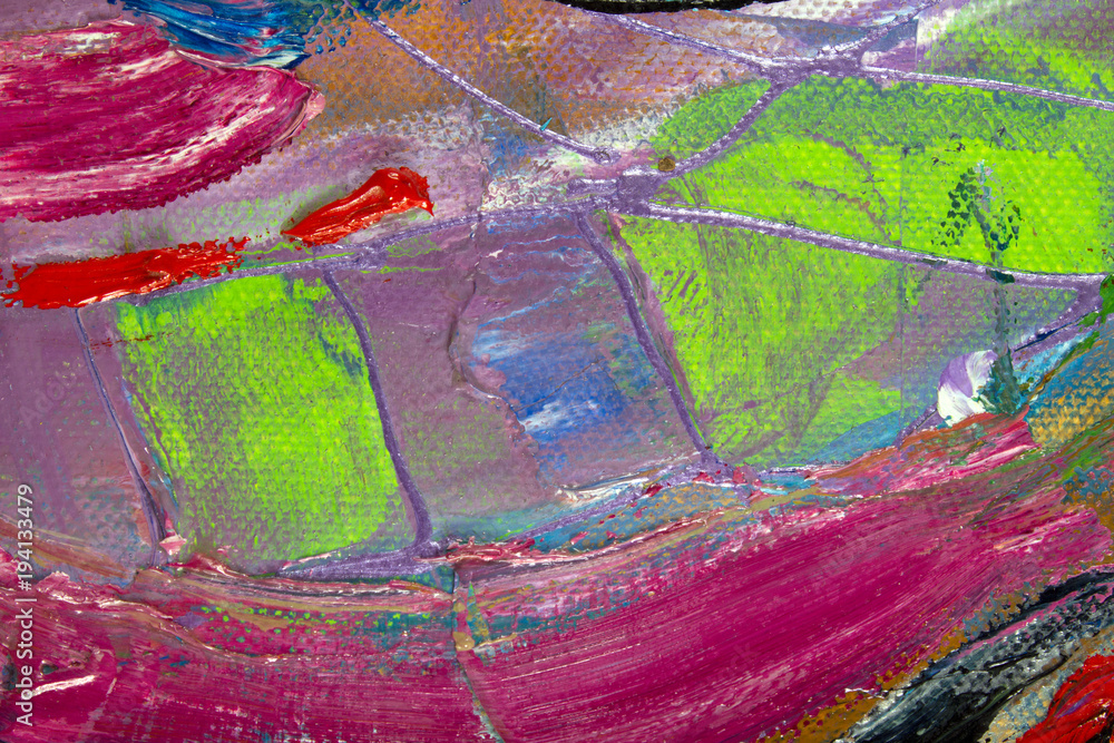 Vibrant multi-colored original oil painting semi-abstract close up detail showing brushwork and canvas textures - abstract detail