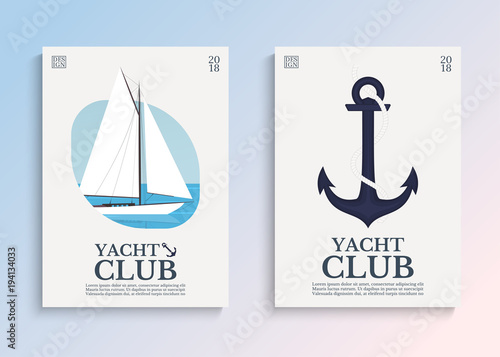 Yacht club. Sailboat in the open sea. Template for covers, card or poster. Vector illustration.