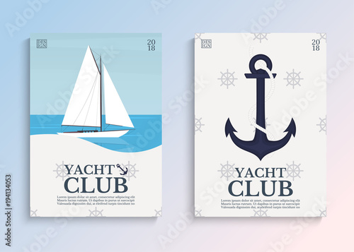 Yacht club. Sailboat in the open sea. Template for covers, card or poster. Vector illustration.