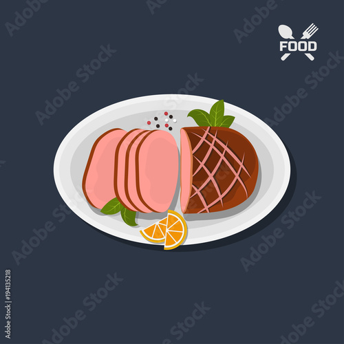 Icon of grilled ham on plate. Top view. Barbecue dish. Meat's dinner. Image of pork food