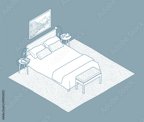 Isometric illustration of bedroom. Cartoon hand drawn line style of interior