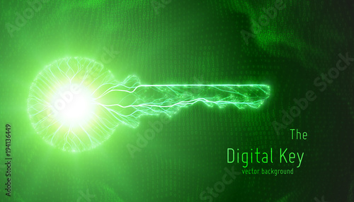 Vector green illustration of cyber key on binary background. Concept of cyber security and big data protection. Modern digital network privateness background