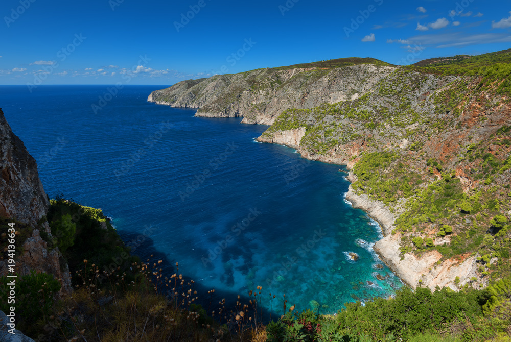 Beautiful summer landscape from the top of the steep cliffs at Kampi on the island of Zakynthos, Greece