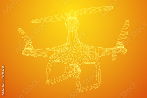 Remote control air drone. Dron flying with action video camera. Wireframe low poly mesh vector illustration