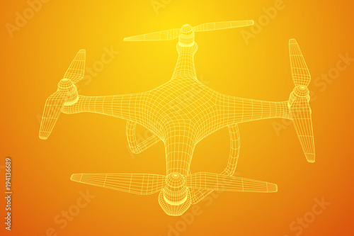 Remote control air drone. Dron flying with action video camera. Wireframe low poly mesh vector illustration