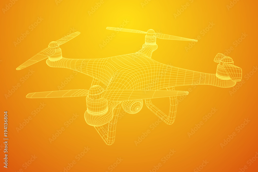 Remote control air drone. Dron flying with action video camera. Wireframe low poly mesh vector illustration Remote control air drone. Dron flying with action video camera. Wireframe low poly mesh vector illustration