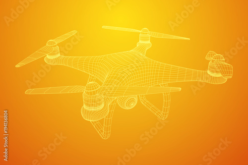 Remote control air drone. Dron flying with action video camera. Wireframe low poly mesh vector illustration