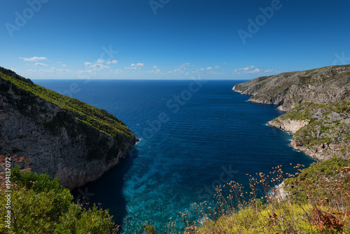 Beautiful summer landscape from the top of the steep cliffs at Kampi on the island of Zakynthos, Greece