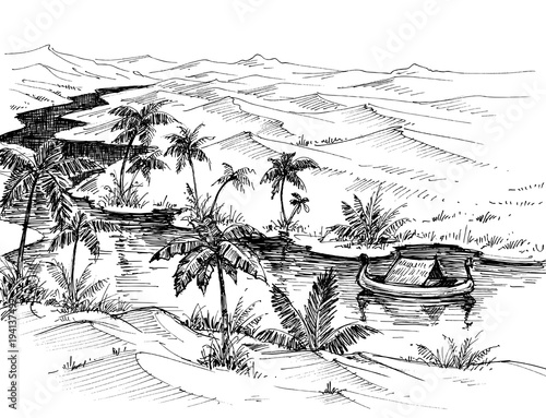 Egypt landscape hand drawing. Boat on Nile river