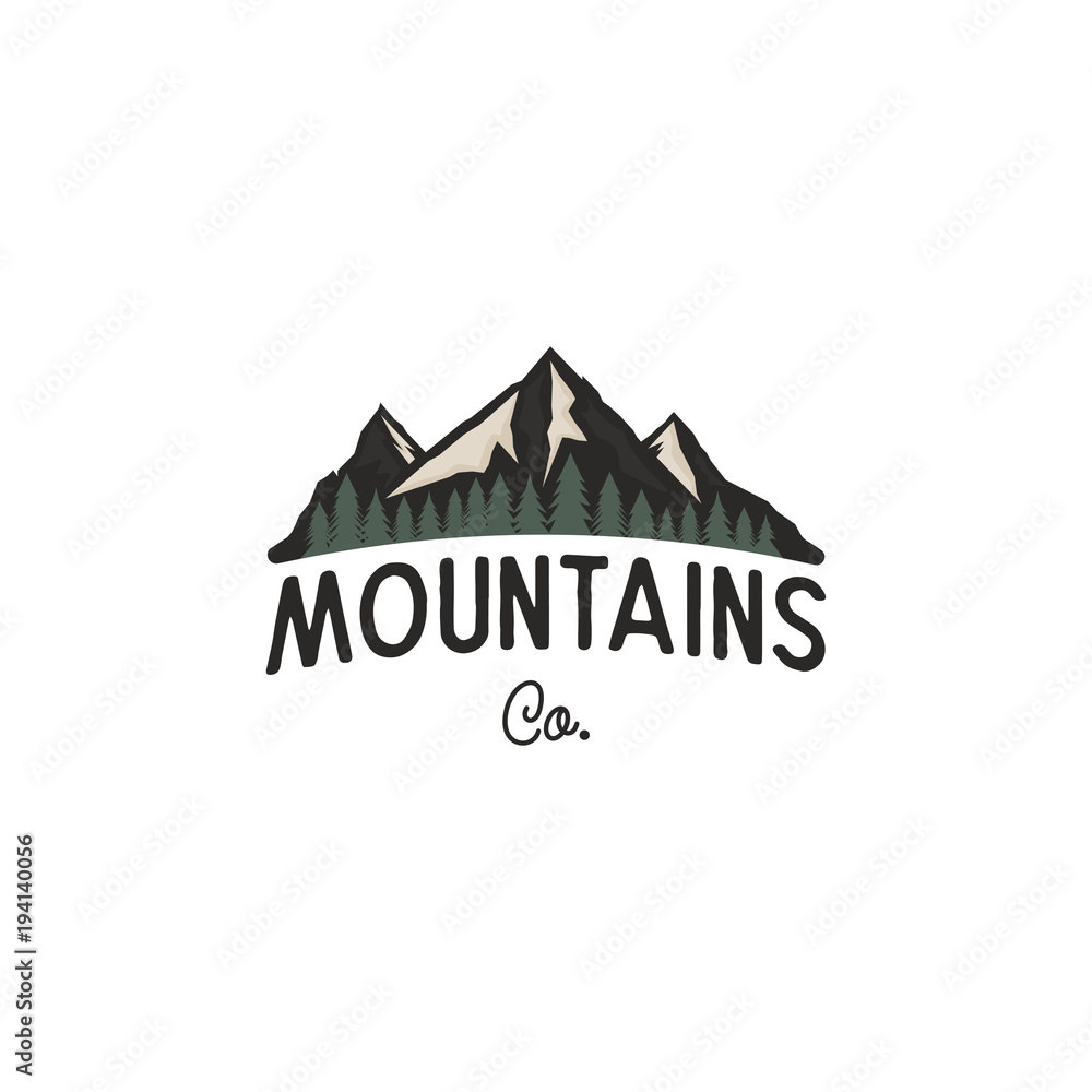 Mountains logo design vector template. Mountains logo co concept with trees. Vintage hand drawn style. Stock vector adventure insignia isolated on white background Mountains logo design vector template. Mountains logo co concept with trees. Vintage hand drawn style. Stock vector adventure insignia isolated on white background