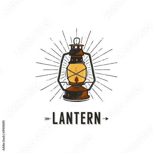 Vintage hand-drawn lantern concept. Perfect for logo design, badge, camping labels. Retro colors. Symbol for outdoor activity emblems. Old style. Stock vector illustration isolated on white background