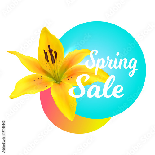 Spring sale banner with lily flower. Vector universal background, flyer, banner, invitation, poster, brochure, discount voucher or card template