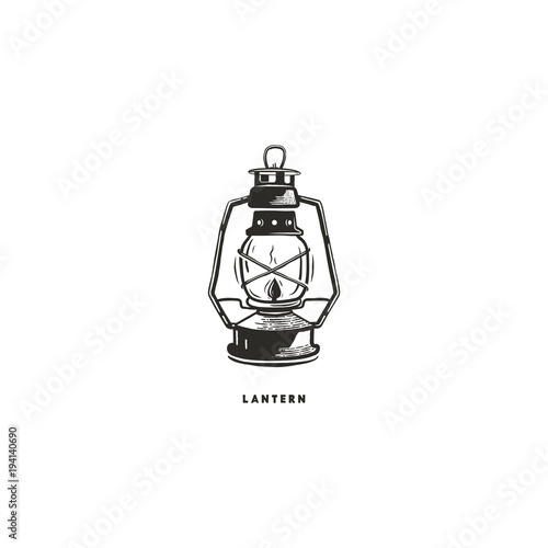 Vintage hand drawn lantern concept. Perfect for logo design, badge, camping labels. Monochrome. Symbol for outdoor activity emblems. Stock vector illustration isolated on white background