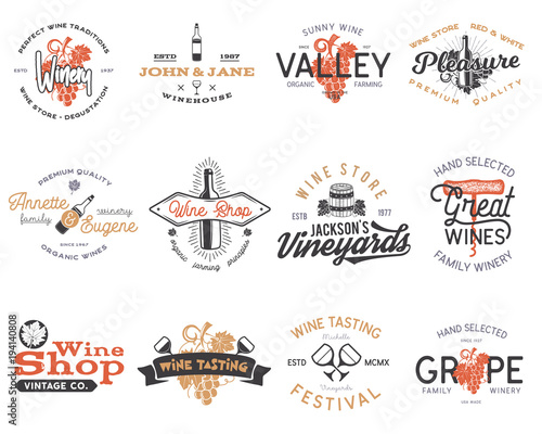 Wine logos, labels set. Winery, wine shop, vineyards badges collection. Retro Drink symbol. Typographic design wine logos vector illustration. Stock vector emblems isolated on white background.