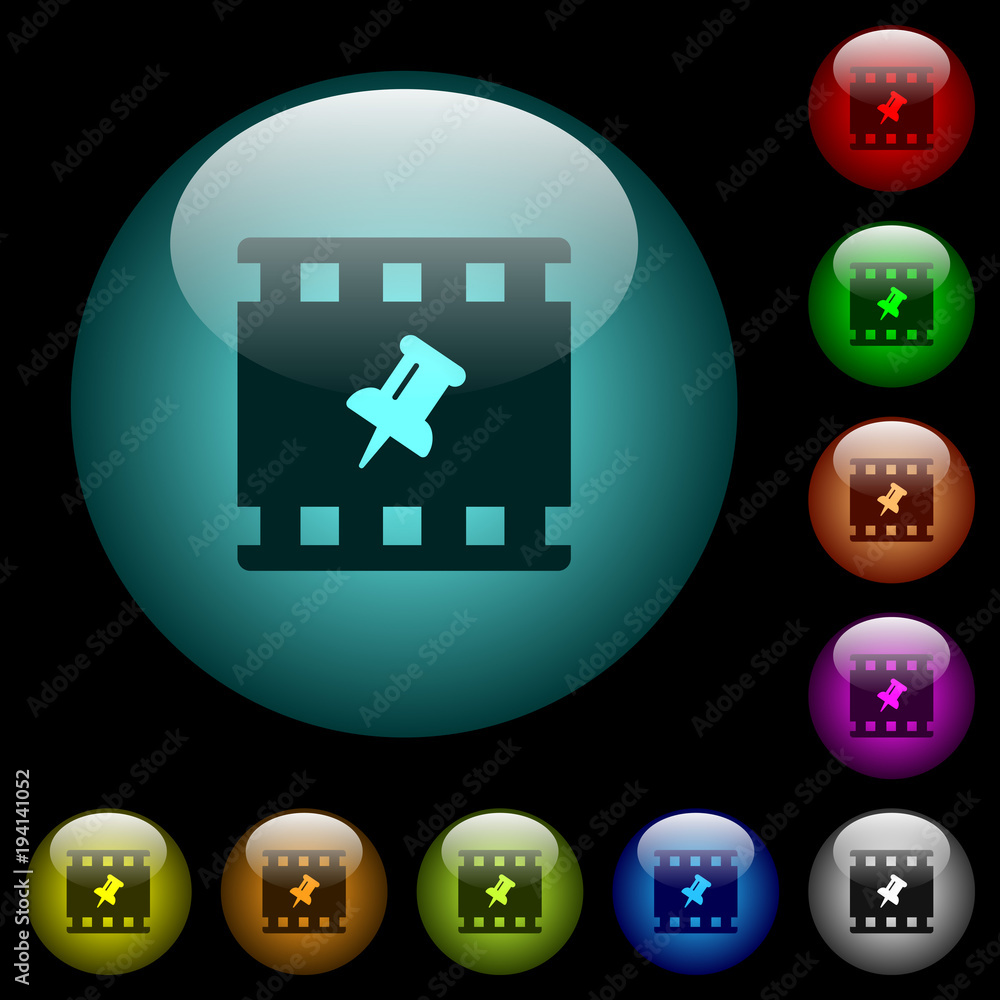 Pin movie icons in color illuminated glass buttons Pin movie icons in color illuminated glass buttons