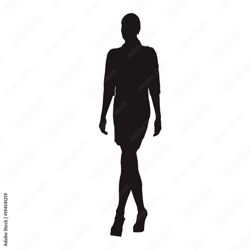 Slim businesswoman in long dress walking, isolated vector silhoutte