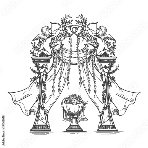 Wedding ceremony arch. Outdoor wedding ceremony flower gate with rose decorations, cupids and roses table hand drawn sketch