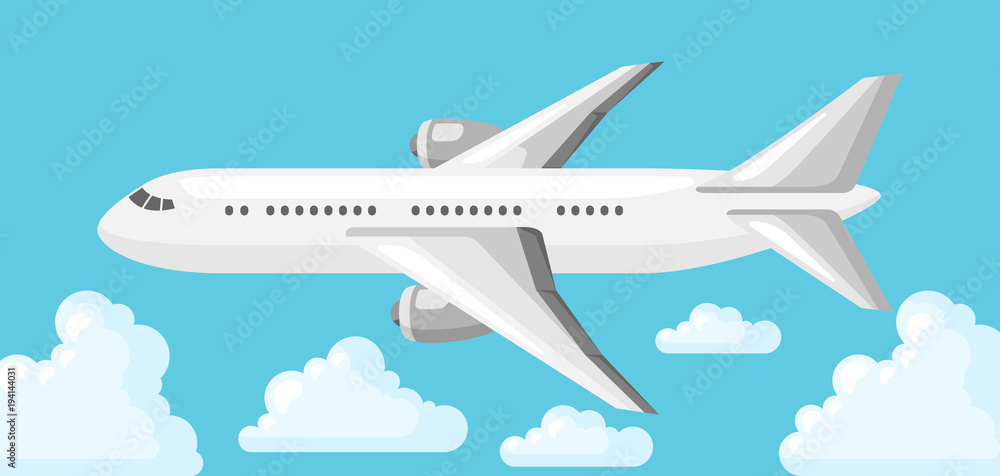 Illustration of airplane on blue sky and clouds