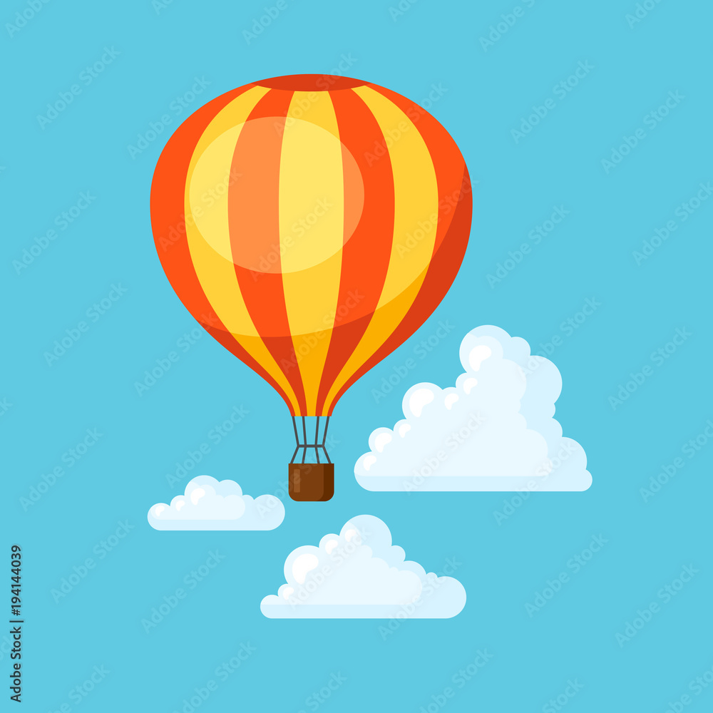 Obraz premium Travel illustration. Traveling background with hot air balloon and clouds