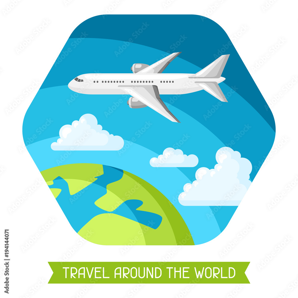 Travel illustration. Traveling background with airplane and earth