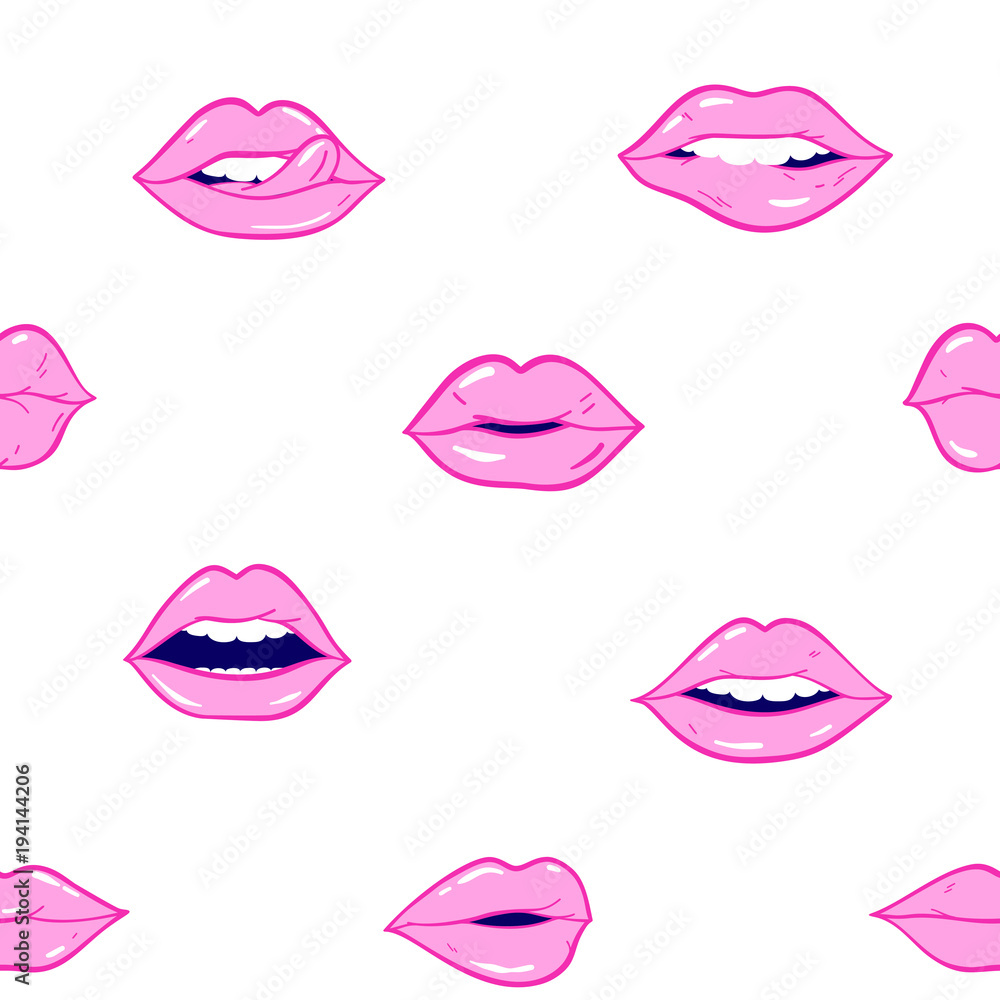 Beauty, makeup, cosmetic fashion seamless pattern. Vector pink color doodle lips patches in pop art 80s-90s style. Woman's sexy emotions mouth. Beauty, makeup, cosmetic fashion seamless pattern. Vector pink color doodle lips patches in pop art 80s-90s style. Woman's sexy emotions mouth.
