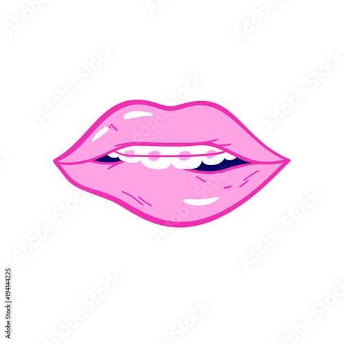 Beauty, makeup, cosmetic fashion element. Vector pink color doodle lips patch in pop art 80s-90s style. Woman's sexy emotions mouth with braces.