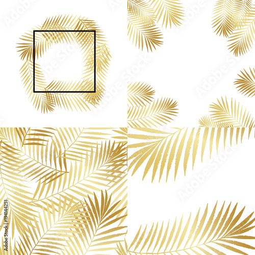 Summer golden tropical palm tree leaves seamless pattern, frames set. Vector grunge design for cards, wallpapers, backgrounds and natural product.